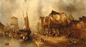 Barges approaching a quay by Alfred Montague