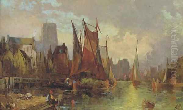 Hay barges in a continental port at dusk - view 1