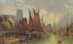 Hay barges in a continental port at dusk