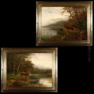 Two Matched Landscapes: Each Depicting A Stag Near A Lake