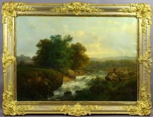 California River Landscape With Figures And Animals by Herman Herzog