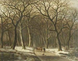 A woodcutter with a mallejan in a winter forest by Everardus Benedictus Gregorius Mirani