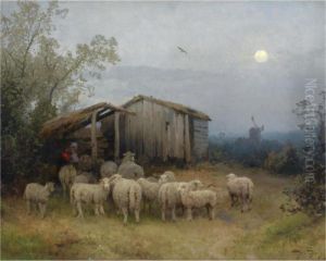 A Shepherd And His Flock By A Shed