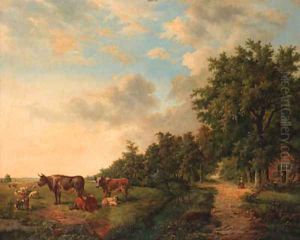 A wooded summer landscape with cattle in a meadow along a ditch
