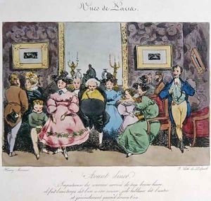 Humorous Depiction of the Behaviour and Conversation of Guests before Dinner cartoon for Vues de Paris esquisses morales et philosophiques by Henri Bonaventure Monnier