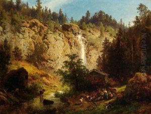 Shepherds With Cattle In A Mountainous Landscape