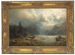 Herzog, Hermann. Fjord Landscape With Fishermen Preparing Their Boats by Herman Herzog