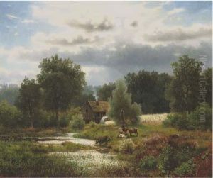 Cattle By A Watermill by Herman Herzog