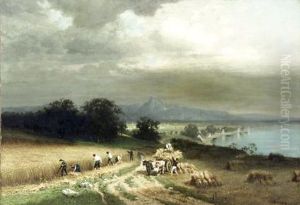 Wheat Harvesting Beside A River by Herman Herzog