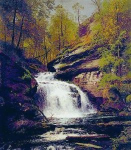 Forest Interior With Waterfall by Herman Herzog