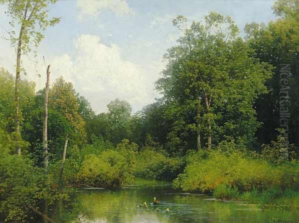 Forest Landscape With Pond And Ducks - view 1