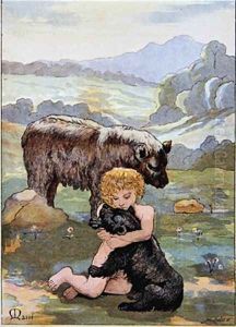 Jean LOurs as a Child playing with a baby Bear by Masse
