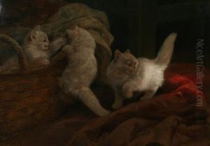 Three White Kittens Playing Near A Basket by Arthur Heyer
