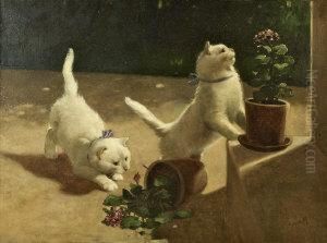 Two White Cats Playing, Having Knocked Over A Plant Pot by Arthur Heyer