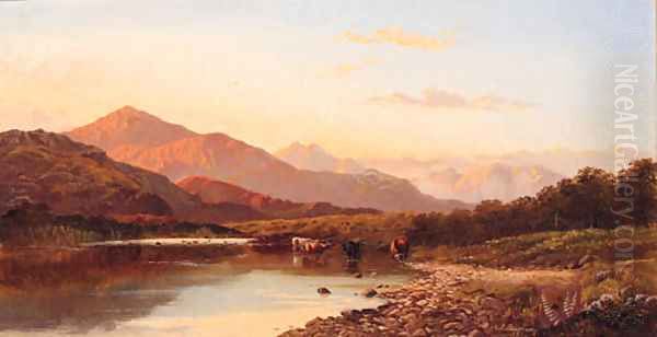 Cattle watering in a mountainous River Landscape - view 1