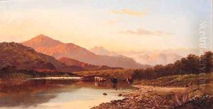 Cattle watering in a mountainous River Landscape by Francis Sydney Muschamp