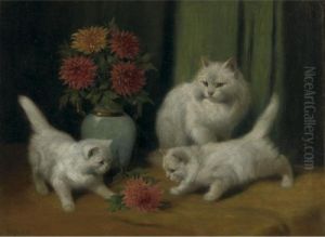 Kittens Playing With A Flower by Arthur Heyer