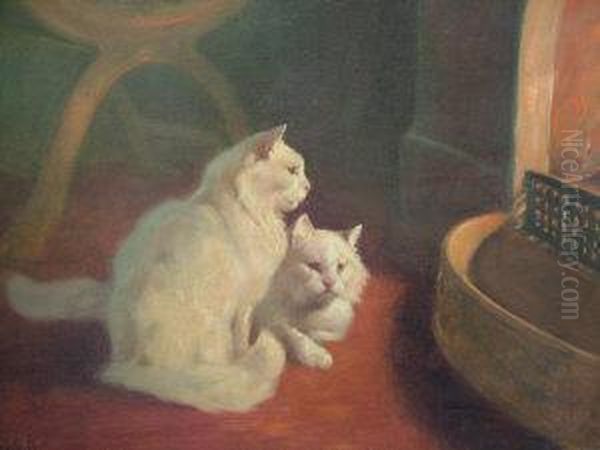 Two White Cats By A Fireplace - view 1