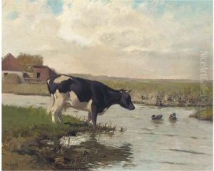 A Cow At The Edge Of A Pool With Ducks by Arthur Heyer