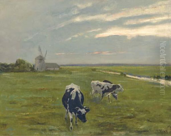 Cattle Before A Windmill At Dusk - view 1