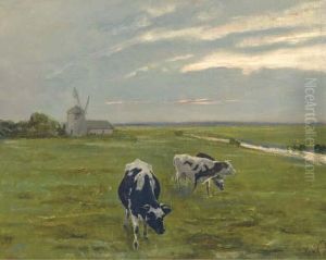 Cattle Before A Windmill At Dusk by Arthur Heyer