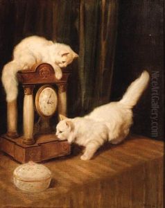 Two Persian Cats With A Clock On A Table by Arthur Heyer