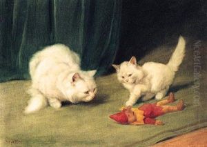Two White Persians With A Wooden Toy Two White Persians With A Wooden Toy