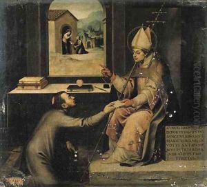 Saint Ignatius of Loyola giving a disciple a letter to take to the Madonna by Vicente Juan (Juan de Juanes) Macip
