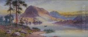 Ducksflying Over A Mountainous Lakeside At Sunset