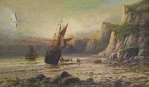 Figures By A Beached Vessel With Rockyheadland