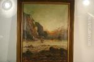 Sunset Craggy Coastal Scene With Figures And Beach Below Sunset Craggy Coastal Scene With Figures And Beach Below