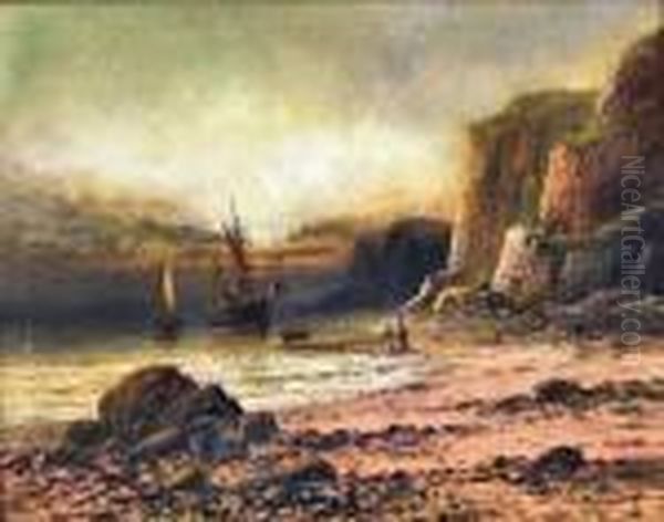 Oilpainting - Coastal Scene At
Sunset With Beached Fishing Boat Andtwo Fishermen On Beach To Foreground - view 1