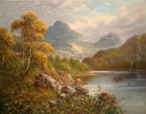 A Man In A Rowing Boat On The 
River Glaslyn, The Moelwynns Beyond, Snowdonia, North Wales