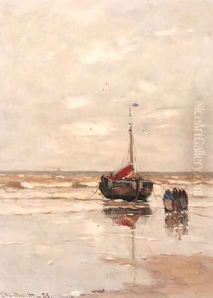 Women by a bomschuit on the beach by Gerhard Arij Ludwig Morgenstje Munthe