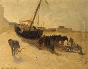 A beach scene with horses and a fishingsmack by Gerhard Arij Ludwig Morgenstje Munthe