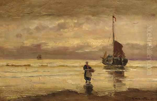 A beached bomschuit at sunset - view 1