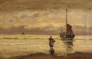 A beached bomschuit at sunset by Gerhard Arij Ludwig Morgenstje Munthe