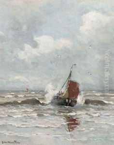 A bomschuit in the surf by Katwijk by Gerhard Arij Ludwig Morgenstje Munthe