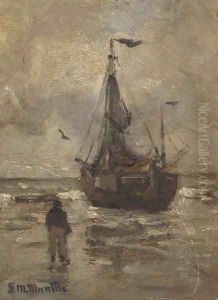 A bomschuit on the beach on a grey day by Gerhard Arij Ludwig Morgenstje Munthe