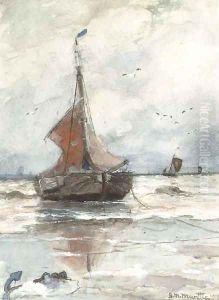 Bomschuit anchored in the surf, Katwijk by Gerhard Arij Ludwig Morgenstje Munthe