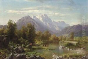 Mountain Landscape with Cattle Watering by a Lake