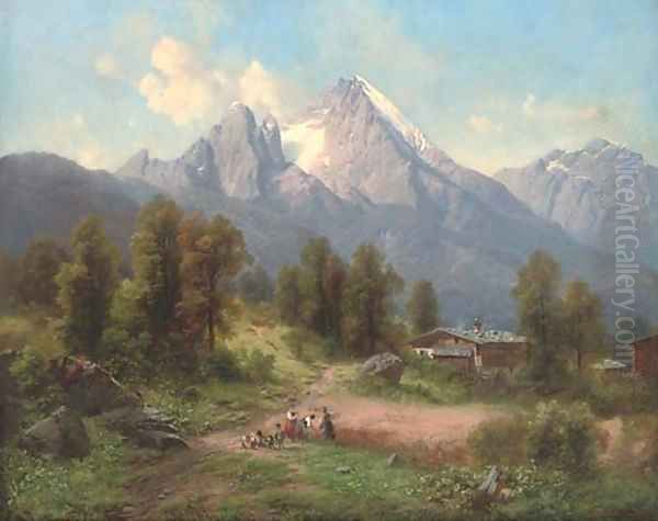Harvesters in an alpine landscpe - view 1