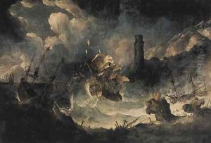 A coastal landscape with ships in a storm by Antonio Marini