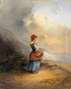 Madchen Mit Korb An Einerkuste by Eduard Hildebrandt