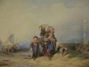Fisher Folk On A Shore With Beached Fishing Vessels And Cottages Beyond' by Eduard Hildebrandt