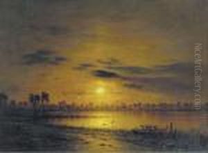 Sunset Over An Exotic River Landscape by Eduard Hildebrandt