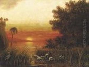 A South American Landscape With Storks By A Lake At Sunset