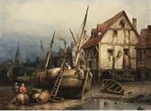Figures In A Harbour At Low Tide by Eduard Hildebrandt