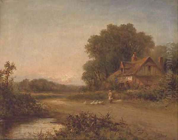 Feeding the geese outside a cottage - view 1