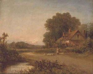Feeding the geese outside a cottage